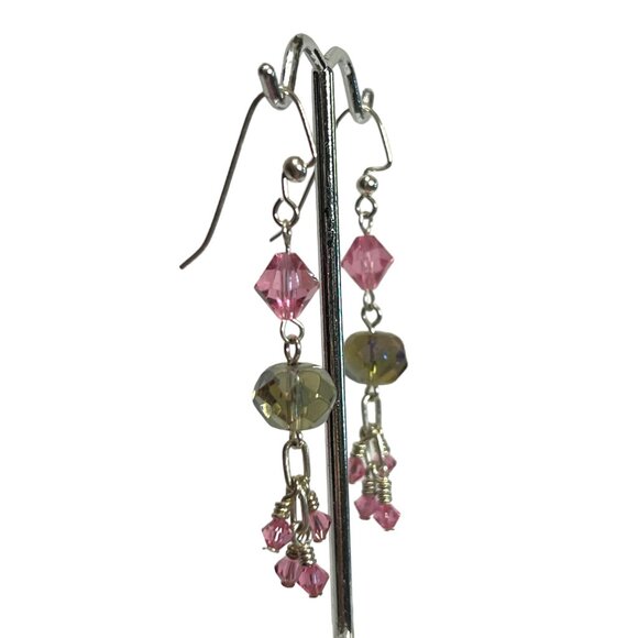 Pink and smoky crystal beaded earrings, pierced - Picture 2 of 4